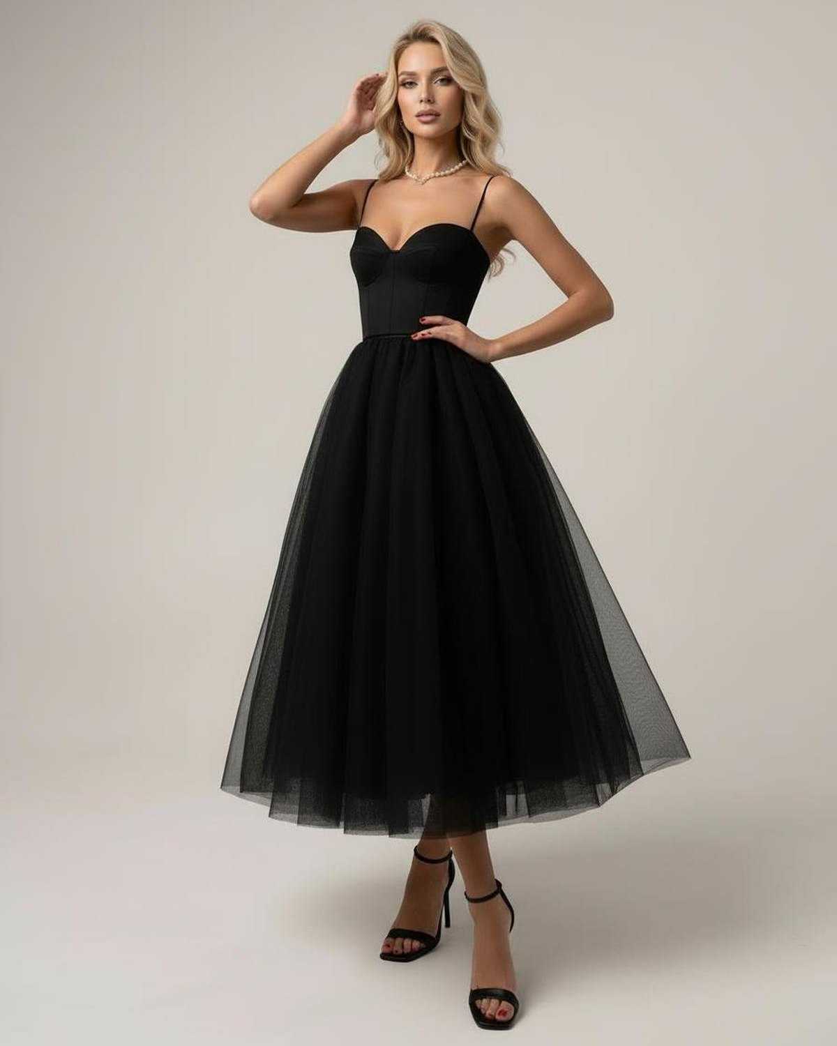 Ancy Midi Dress by RAMBLION, black tulle, strapless sweetheart silhouette, elegant evening wear.