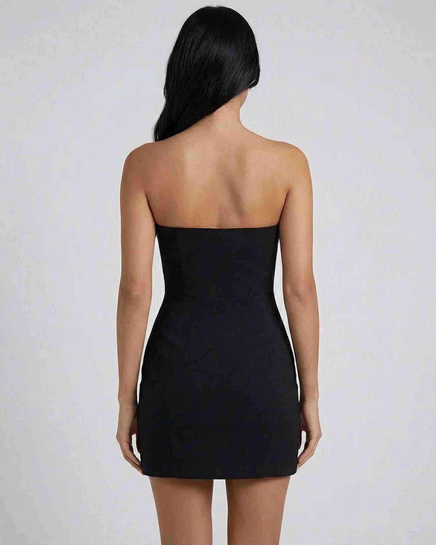 Anfa Mini Dress black strapless back view, chic and sophisticated style by RAMBLION, perfect for modern occasions.
