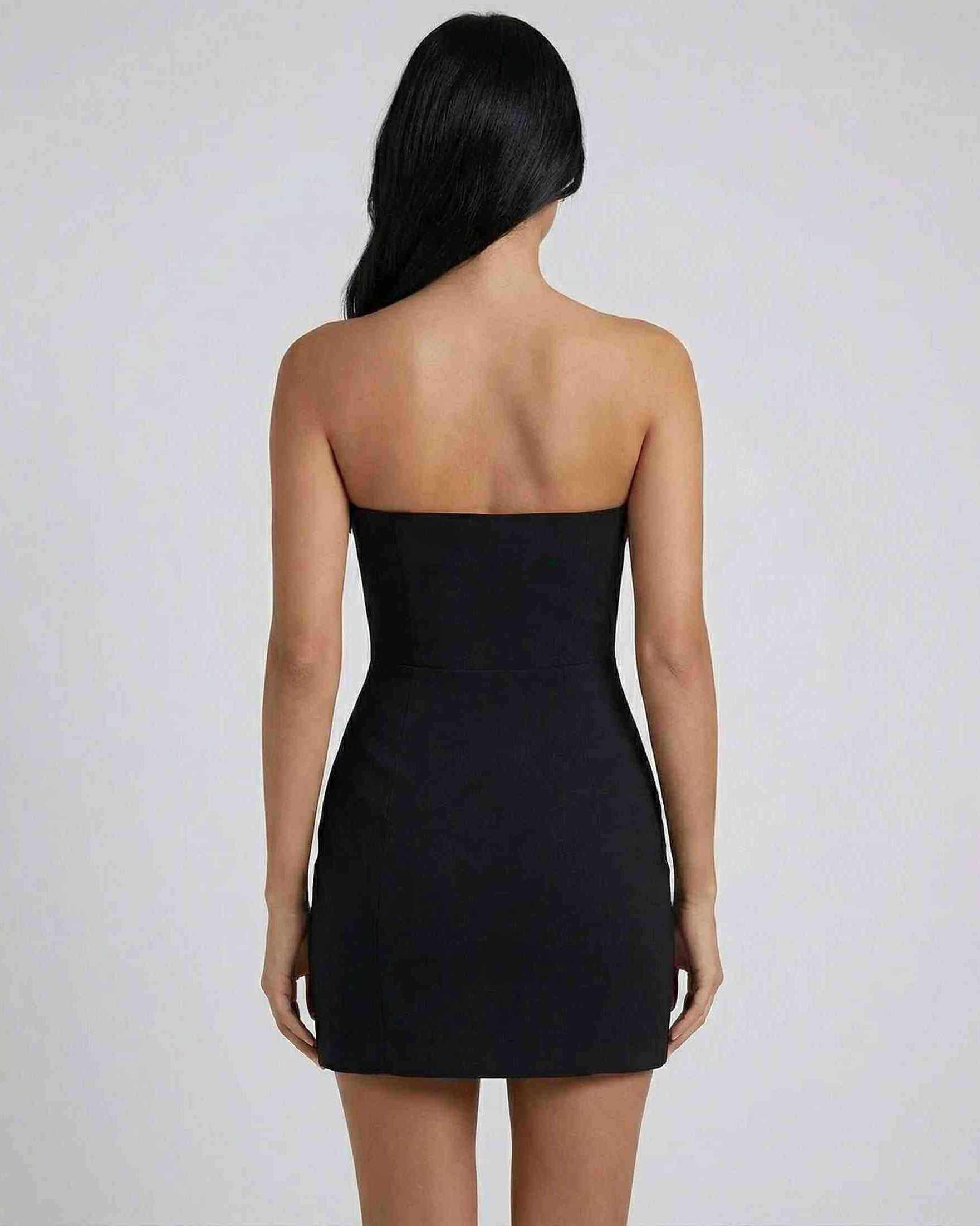 Anfa Mini Dress black strapless back view, chic and sophisticated style by RAMBLION, perfect for modern occasions.