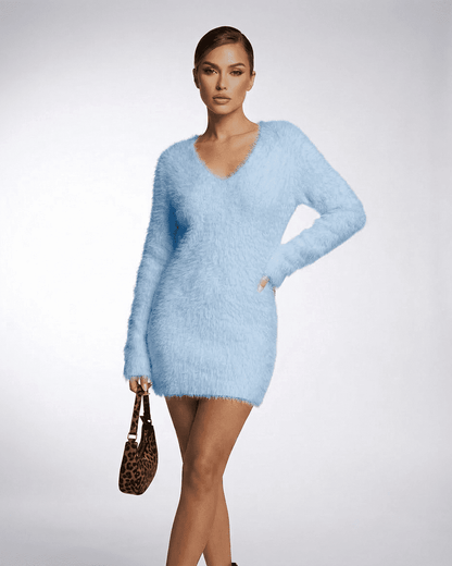Anli Sweater by RAMBLION in soft blue, V-neck, plush texture, perfect for stylish outings and comfortable wear.