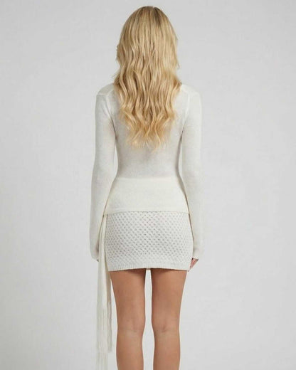 Elegant Anlo Mini Dress in white, 100% polyester, with long sleeves and U-neck design, perfect for stylish occasions by RAMBLION.