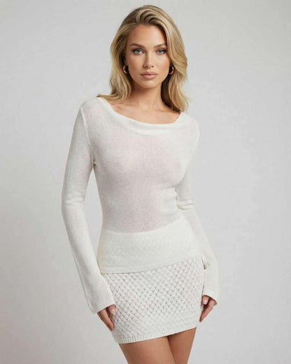 Anlo Mini Dress by RAMBLION, white, polyester, U-neck, long sleeves, stylish, comfortable, perfect for casual outings.
