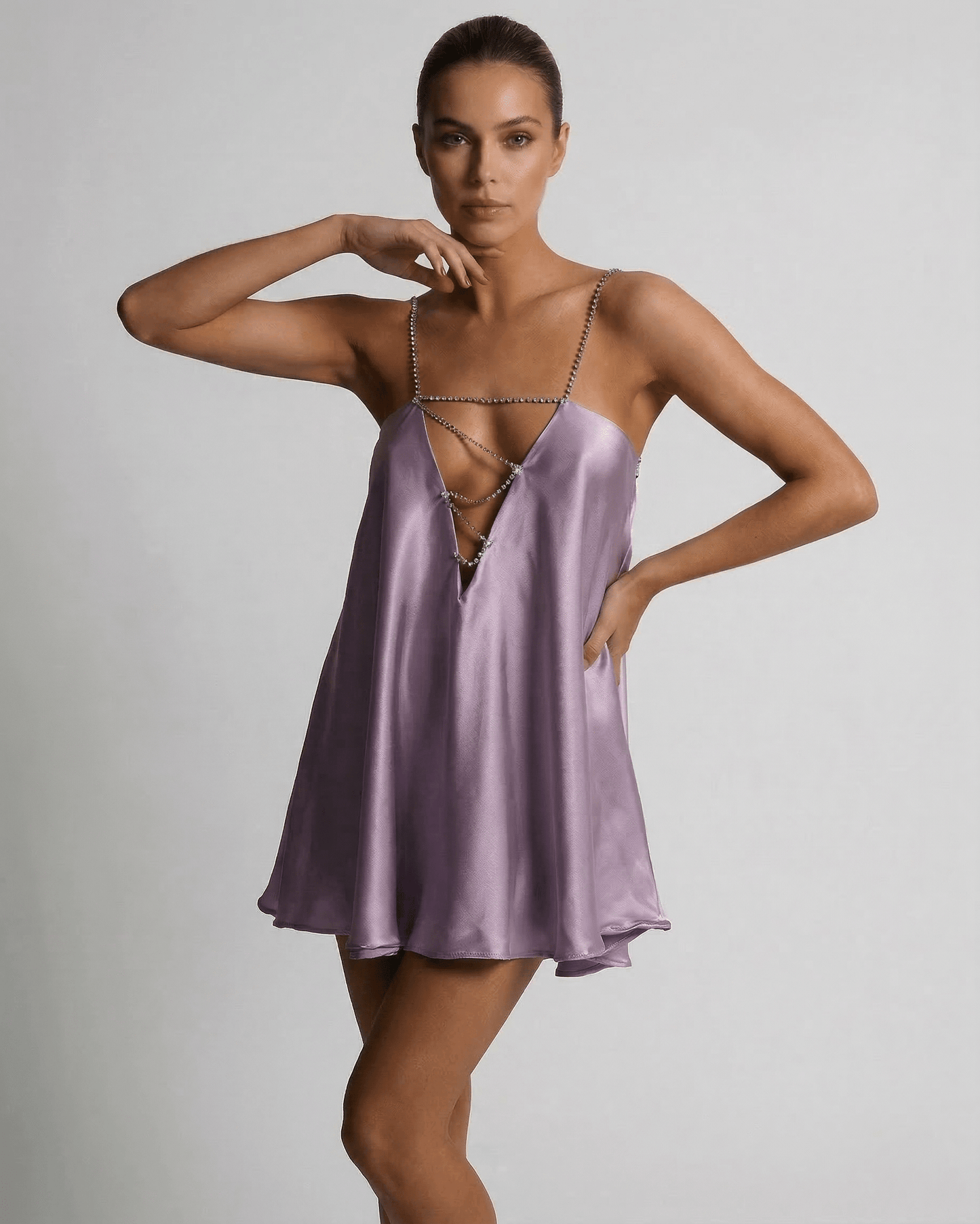 Anna Mini Dress in radiant purple satin, V neck, elegant for summer occasions by RAMBLION.