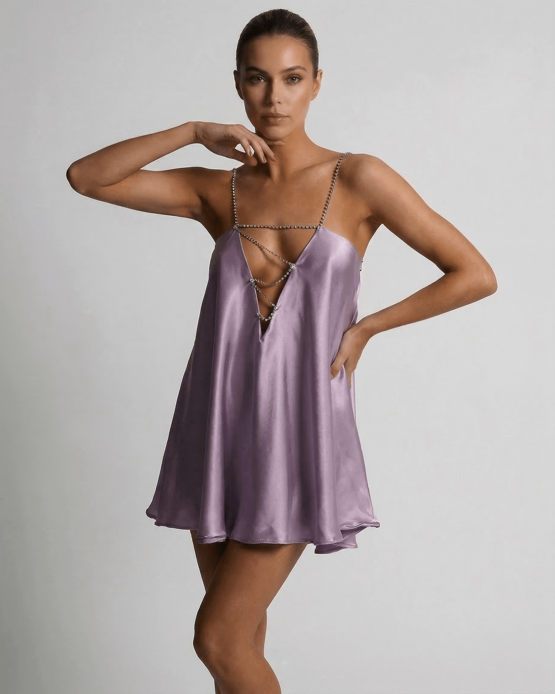 Anna Mini Dress in radiant purple satin, V neck, elegant for summer occasions by RAMBLION.