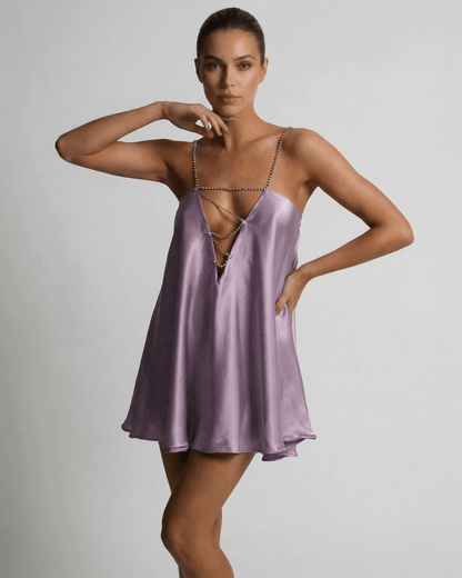 Anna Mini Dress in radiant purple satin, V neck, elegant for summer occasions by RAMBLION.