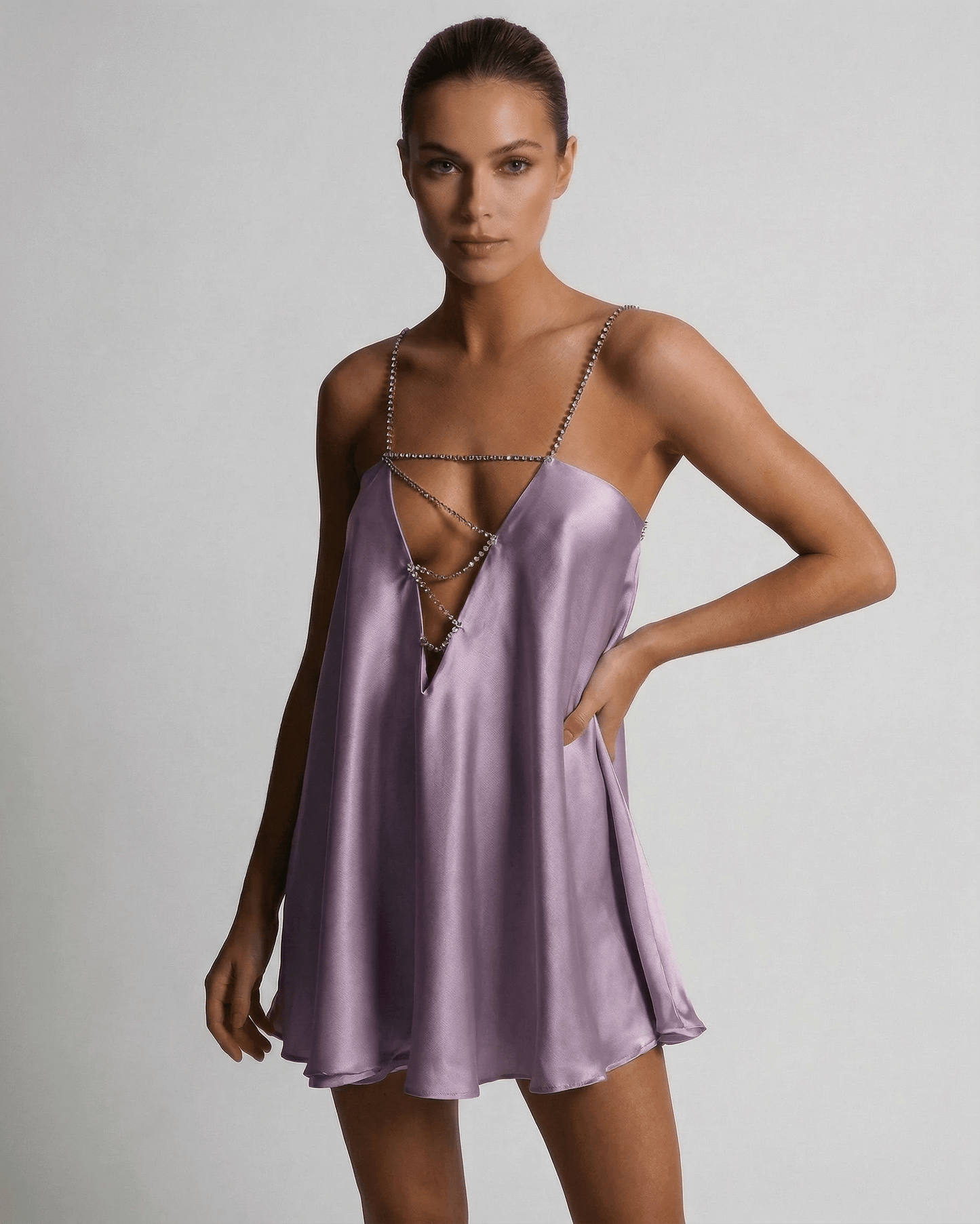 Anna Mini Dress in radiant purple satin, featuring a V neck, perfect for summer occasions by RAMBLION.