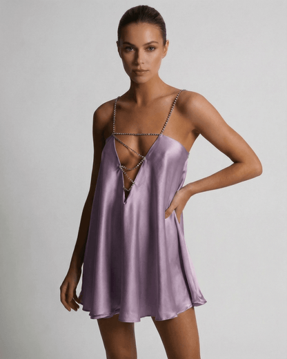 Anna Mini Dress in radiant purple satin, featuring a V neck, perfect for summer occasions by RAMBLION.