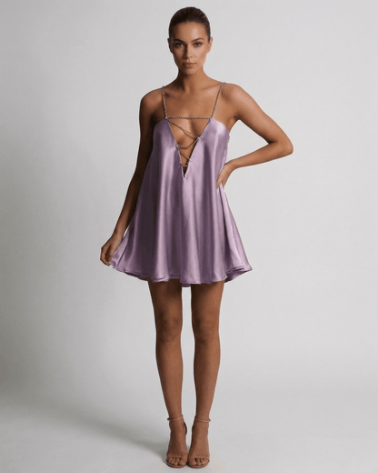Anna Mini Dress in radiant purple satin, featuring a V neck and elegant silhouette, perfect for summer occasions by RAMBLION.