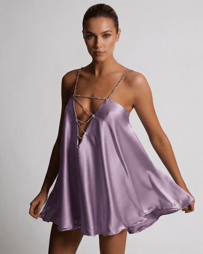 Anna Mini Dress in radiant purple satin with V neck, perfect for summer occasions by RAMBLION.