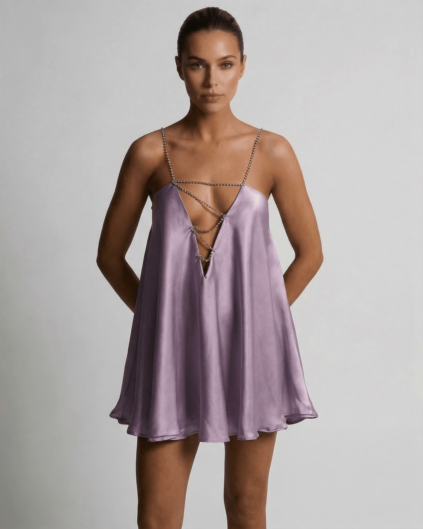 Anna Mini Dress in radiant purple satin, featuring a V neck and comfortable silhouette, perfect for summer occasions by RAMBLION.