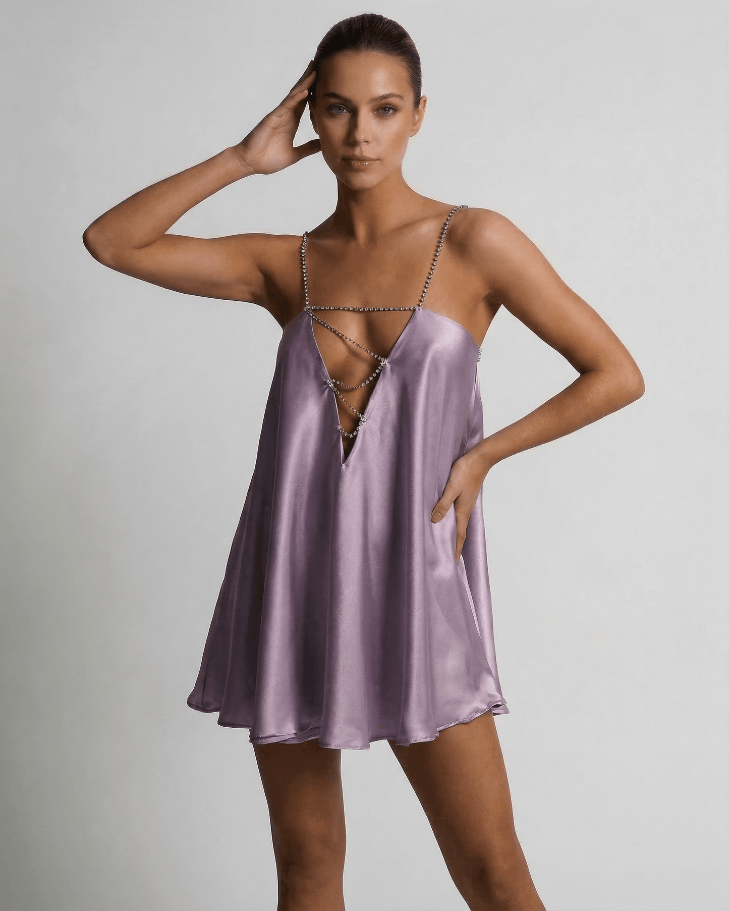 Anna Mini Dress in luxurious purple satin, featuring a V-neck and elegant silhouette, perfect for summer occasions by RAMBLION.