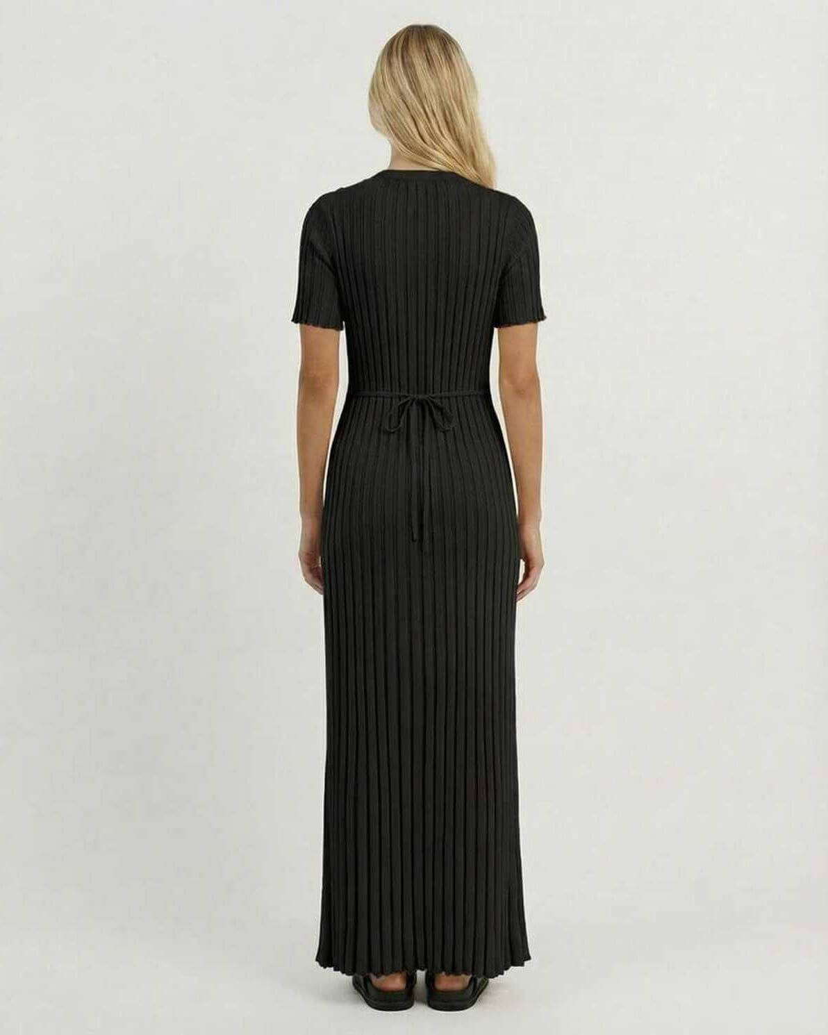 Anpa Maxi Dress, black ankle-length, 100% polyester satin, sleek silhouette by RAMBLION for any occasion.
