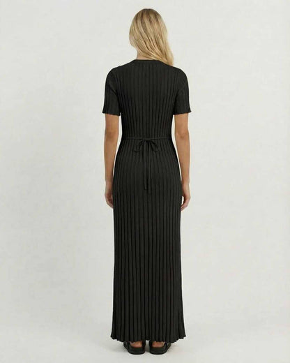 Anpa Maxi Dress, black ankle-length, 100% polyester satin, sleek silhouette by RAMBLION for any occasion.