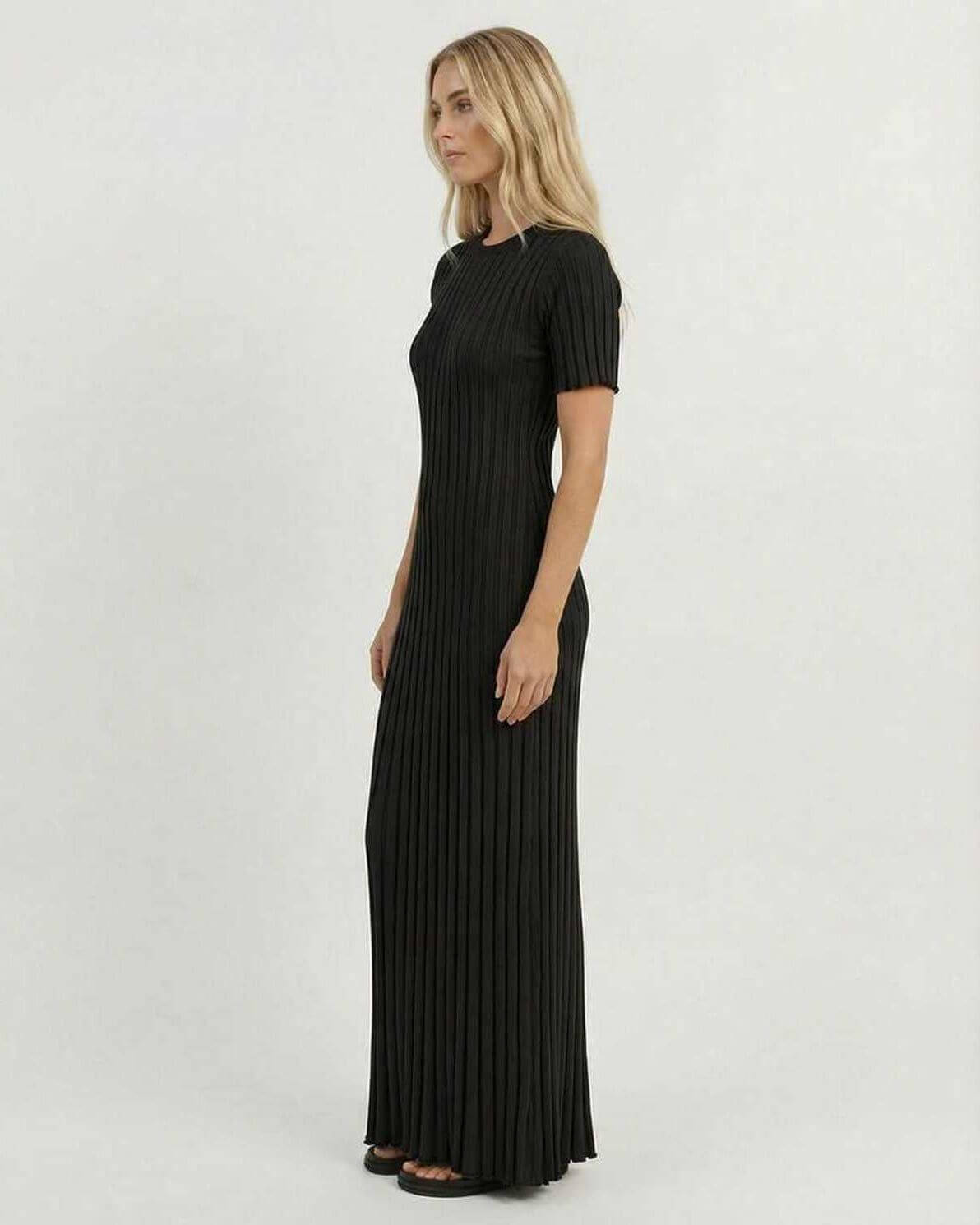 Anpa Maxi Dress by RAMBLION, black ankle-length satin dress, sleek silhouette for sophisticated occasions.