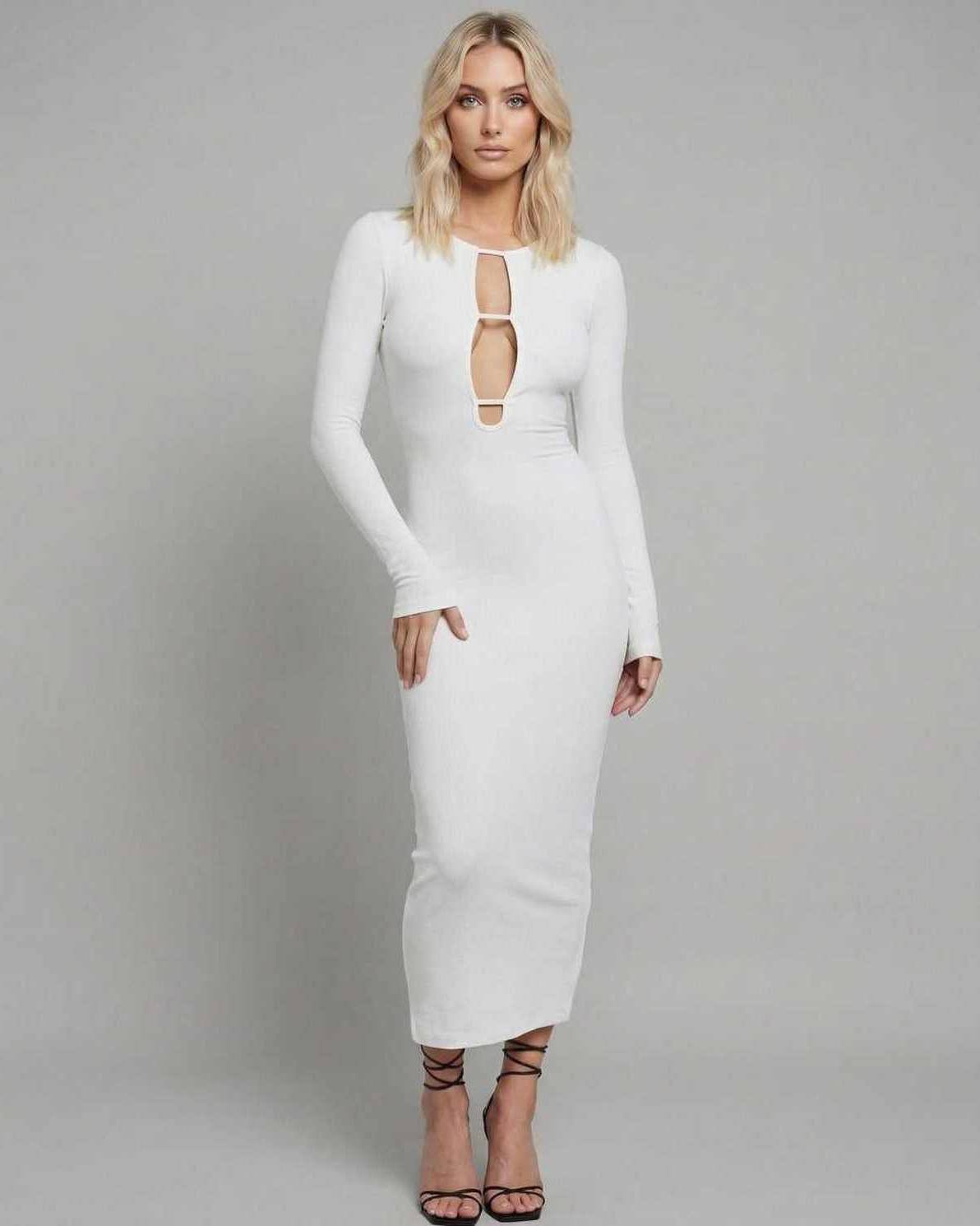 Anpa Midi Dress in white, featuring cut-out design, long sleeves, elegant look from RAMBLION, perfect for special occasions.