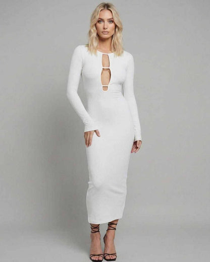 Anpa Midi Dress in white, featuring cut-out design, long sleeves, elegant look from RAMBLION, perfect for special occasions.