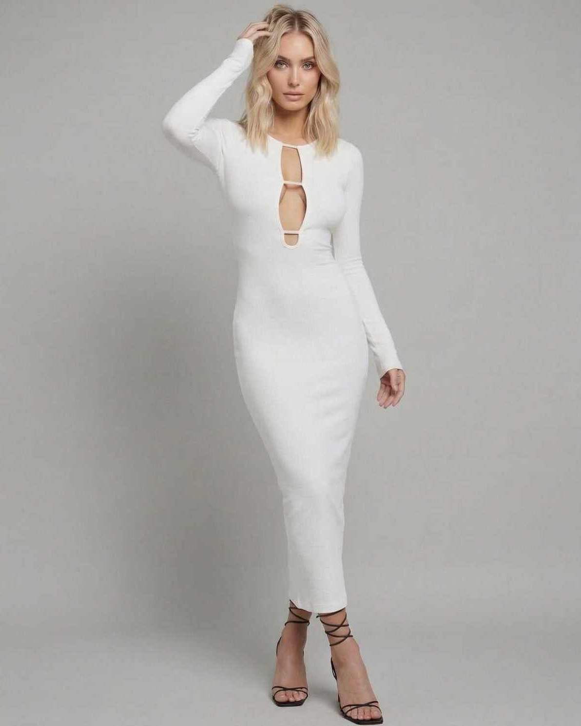 Anpa Midi Dress by RAMBLION, elegant white midi dress with long sleeves, captivating cut-out design, perfect for special occasions.