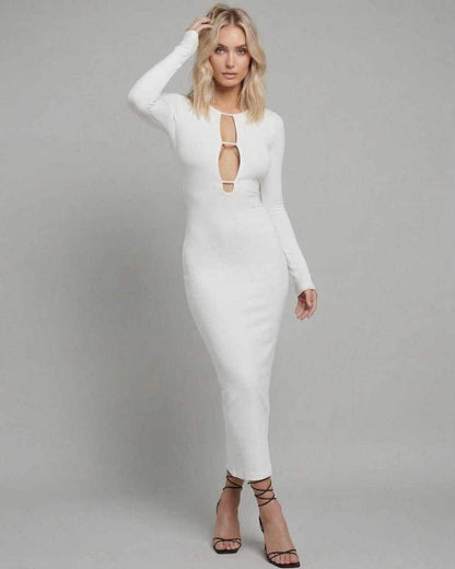 Anpa Midi Dress by RAMBLION, elegant white midi dress with long sleeves, captivating cut-out design, perfect for special occasions.