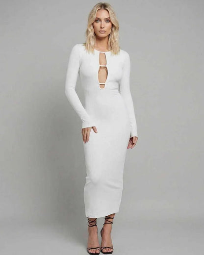 White Bodycon Round Neck Sleeveless Midi Dress | Prom, Night Out & Day-to-Night, front view | Ramblion | SKU: NMD-937461258-white-L-6457,NMD-937461258-white-M-3927,NMD-937461258-white-S-8113,NMD-937461258-white-XL-1694,NMD-937461258-white-XS-4179