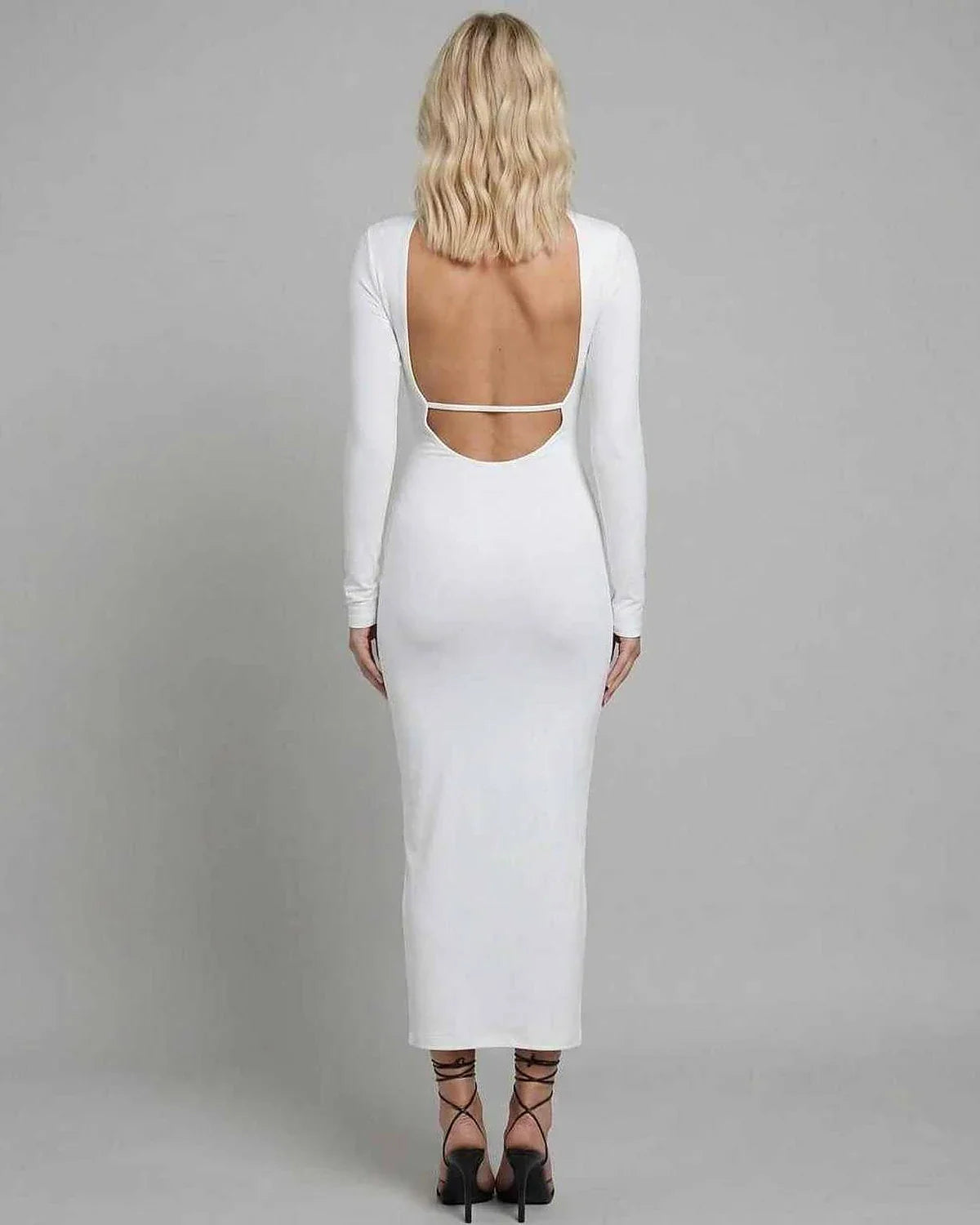White Bodycon Round Neck Sleeveless Midi Dress | Prom, Night Out & Day-to-Night, back view | Ramblion | SKU: NMD-937461258-white-L-6457,NMD-937461258-white-M-3927,NMD-937461258-white-S-8113,NMD-937461258-white-XL-1694,NMD-937461258-white-XS-4179