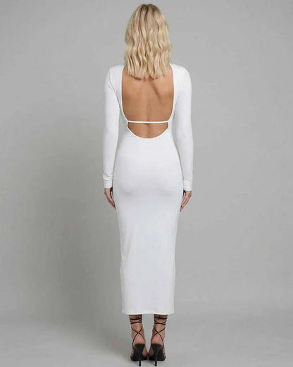 White Bodycon Round Neck Sleeveless Midi Dress | Prom, Night Out & Day-to-Night, back view | Ramblion | SKU: NMD-937461258-white-L-6457,NMD-937461258-white-M-3927,NMD-937461258-white-S-8113,NMD-937461258-white-XL-1694,NMD-937461258-white-XS-4179