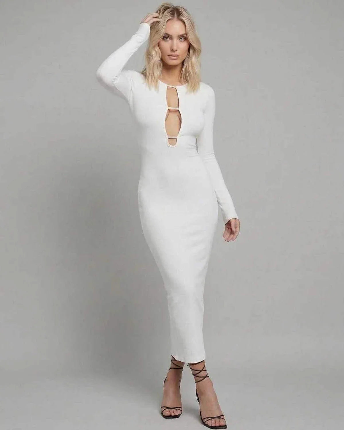 White Bodycon Round Neck Sleeveless Midi Dress | Prom, Night Out & Day-to-Night, front view | Ramblion | SKU: NMD-937461258-white-L-6457,NMD-937461258-white-M-3927,NMD-937461258-white-S-8113,NMD-937461258-white-XL-1694,NMD-937461258-white-XS-4179