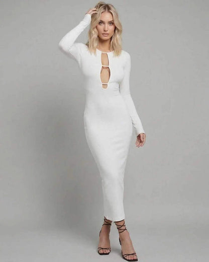 White Bodycon Round Neck Sleeveless Midi Dress | Prom, Night Out & Day-to-Night, front view | Ramblion | SKU: NMD-937461258-white-L-6457,NMD-937461258-white-M-3927,NMD-937461258-white-S-8113,NMD-937461258-white-XL-1694,NMD-937461258-white-XS-4179
