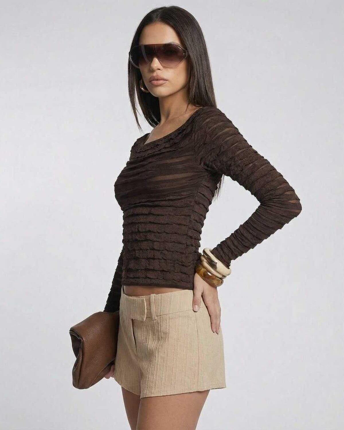 Anpa Pullover brown long sleeve top by RAMBLION, textured fabric, perfect for everyday casual occasions.