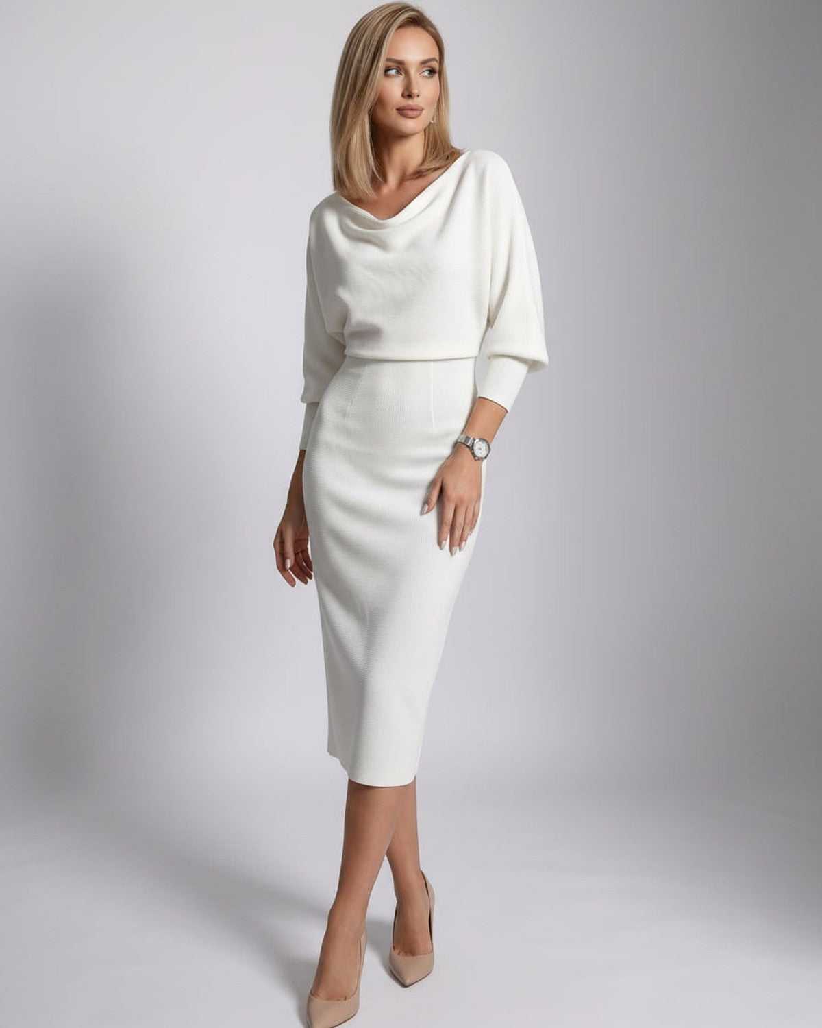 Ramblion Anya midi dress — cowl neck neckline · back view · styled for cocktail season