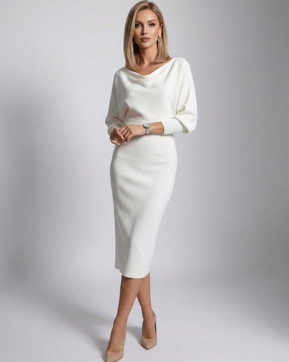 Ramblion Anya midi dress — cowl neck neckline · lifestyle styling · styled for cocktail season