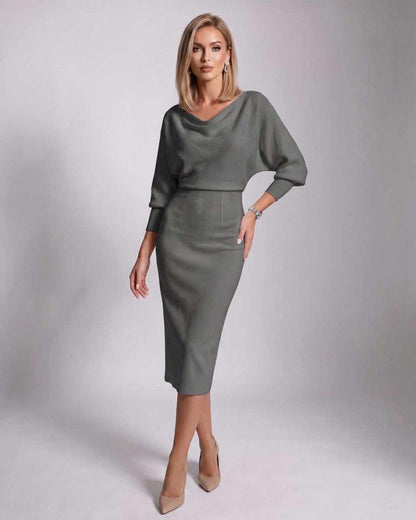 Ramblion Anya midi dress — cowl neck neckline · styled view 8 · styled for cocktail season