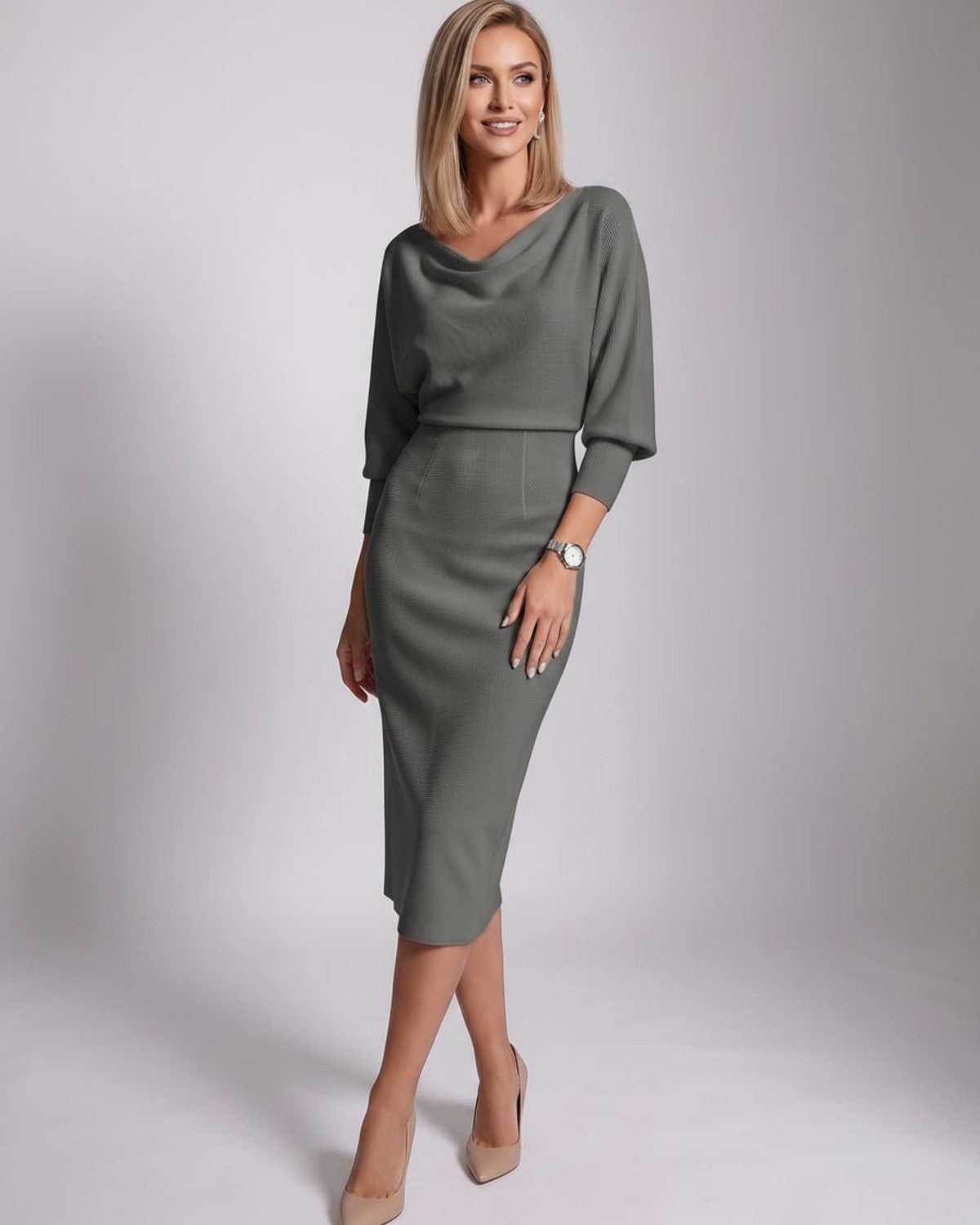 Ramblion Anya midi dress — cowl neck neckline · styled view 11 · styled for cocktail season