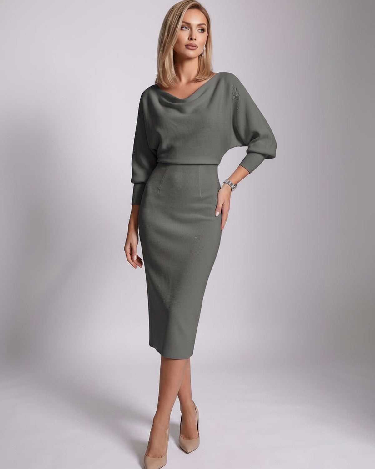 Ramblion Anya midi dress — cowl neck neckline · styled view 12 · styled for cocktail season