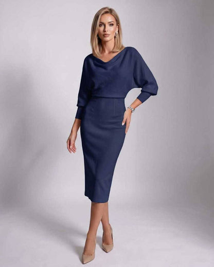 Ramblion Anya midi dress — cowl neck neckline · styled view 14 · styled for cocktail season
