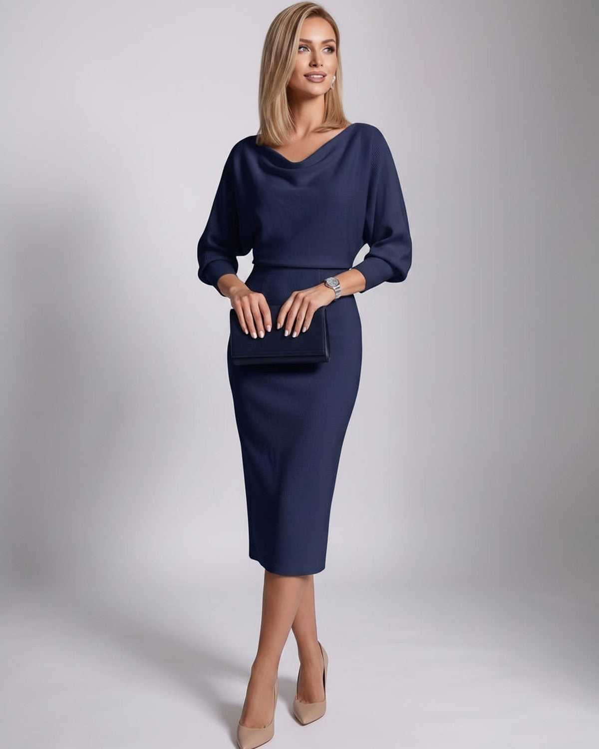 Ramblion Anya midi dress — cowl neck neckline · styled view 19 · styled for cocktail season