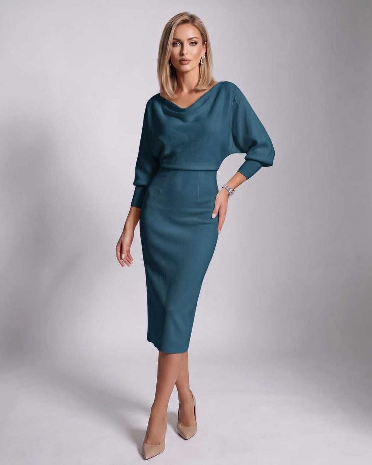 Ramblion Anya midi dress — cowl neck neckline · styled view 20 · styled for cocktail season