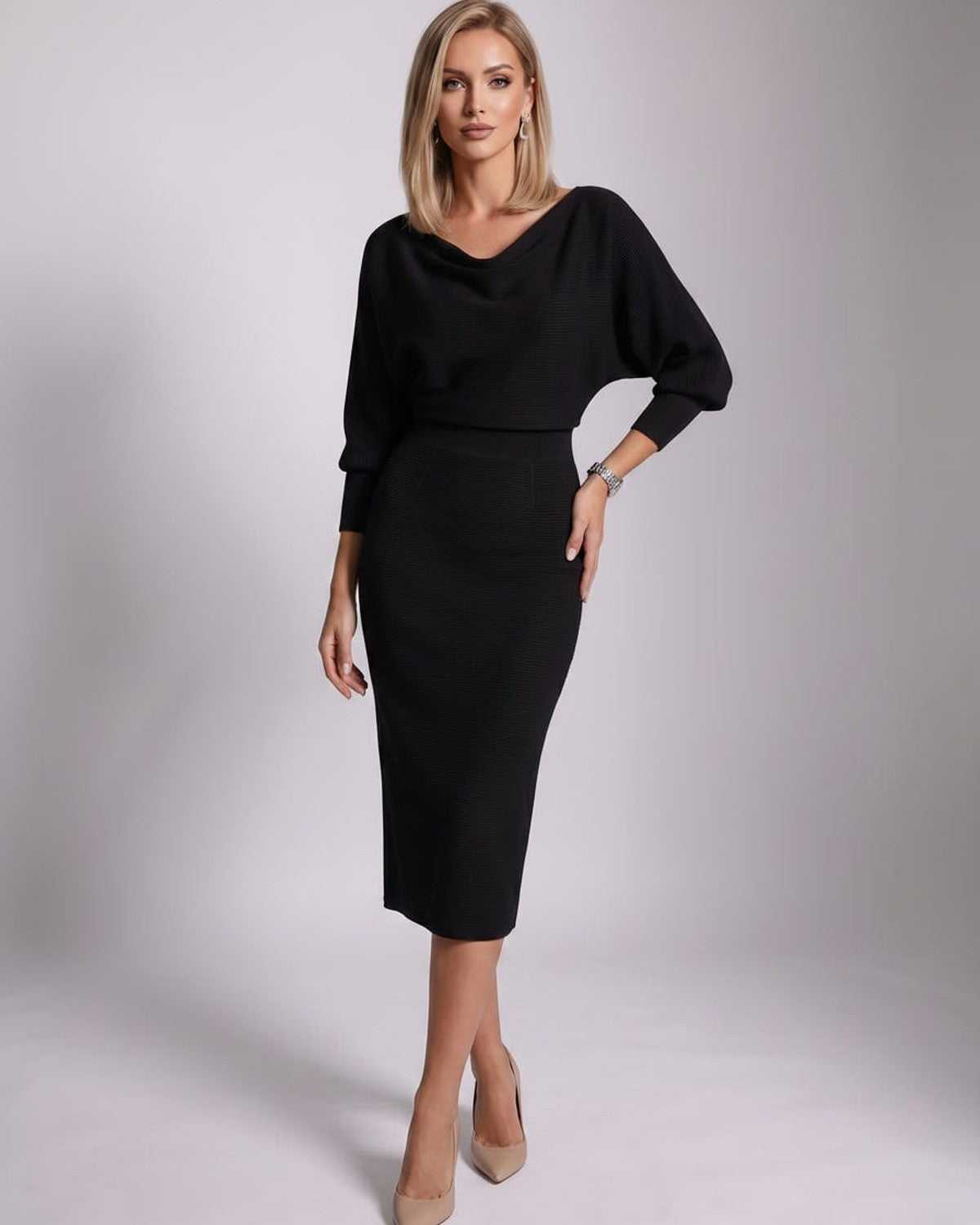 Ramblion Anya midi dress — cowl neck neckline · styled view 29 · styled for cocktail season