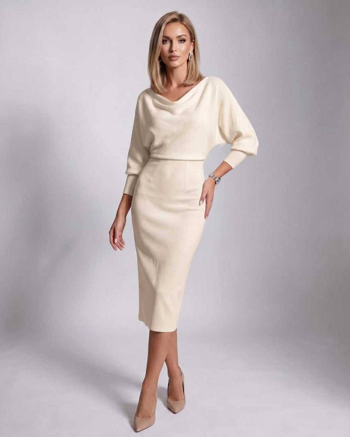 Ramblion Anya midi dress — cowl neck neckline · styled view 36 · styled for cocktail season
