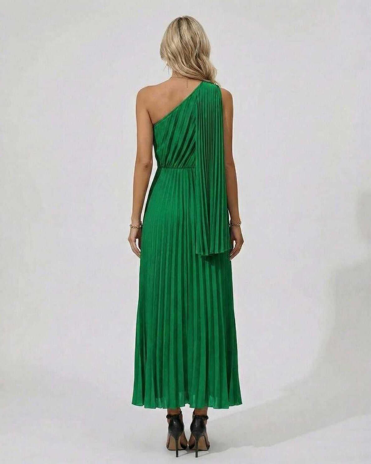 Arco Midi Dress in vibrant green, one-shoulder design, pleated fabric, perfect for elegant occasions by RAMBLION.