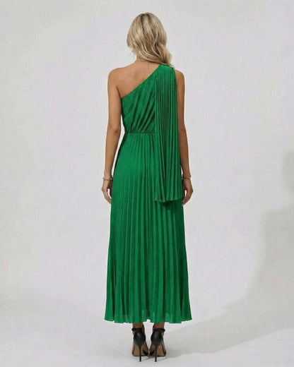 Arco Midi Dress in vibrant green, one-shoulder design, pleated fabric, perfect for elegant occasions by RAMBLION.
