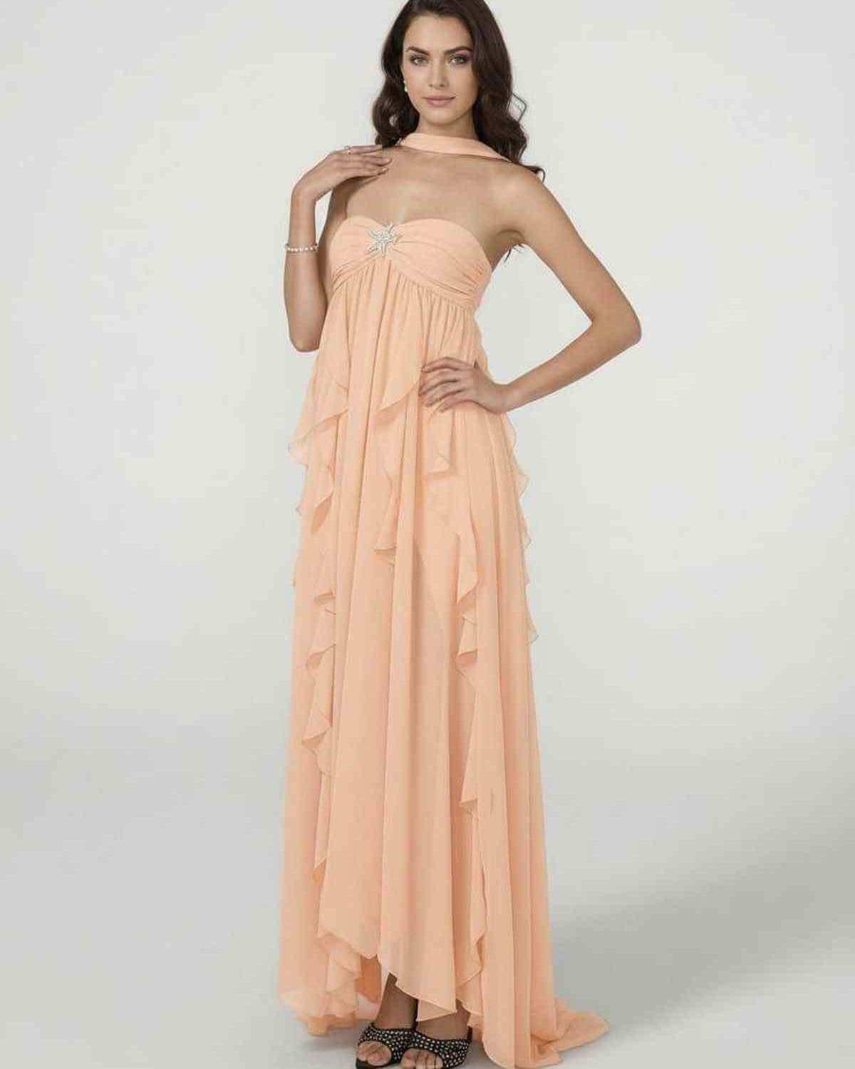 Peach Satin Wrap Strapless Maxi Dress | Gala Nights & Celebrations, front view | Ramblion | SKU: PMX-563829147-peach-L-6385,PMX-563829147-peach-M-7276,PMX-563829147-peach-S-8053,PMX-563829147-peach-XL-2783,PMX-563829147-peach-XS-5247