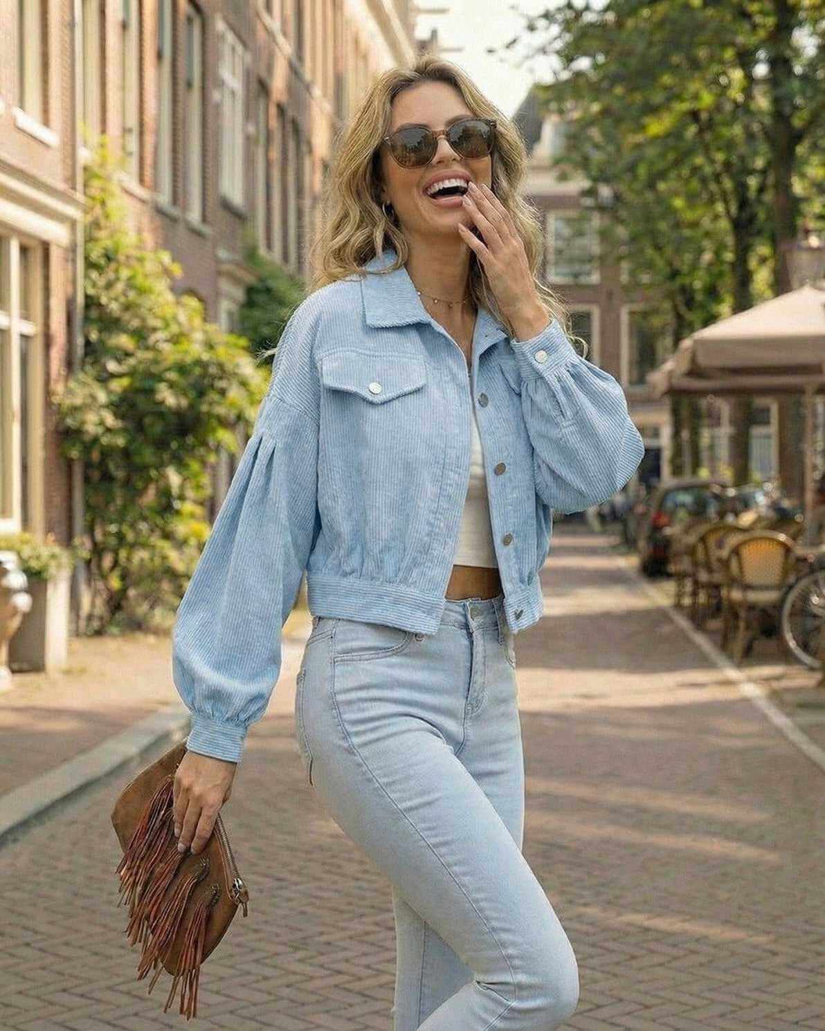 Arla Jacket by RAMBLION, blue cropped corduroy jacket for women, perfect layering piece for fall fashion.
