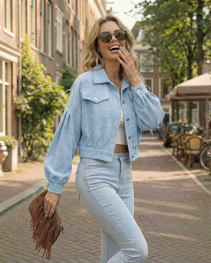 Arla Jacket by RAMBLION, blue cropped corduroy jacket for women, perfect layering piece for fall fashion.