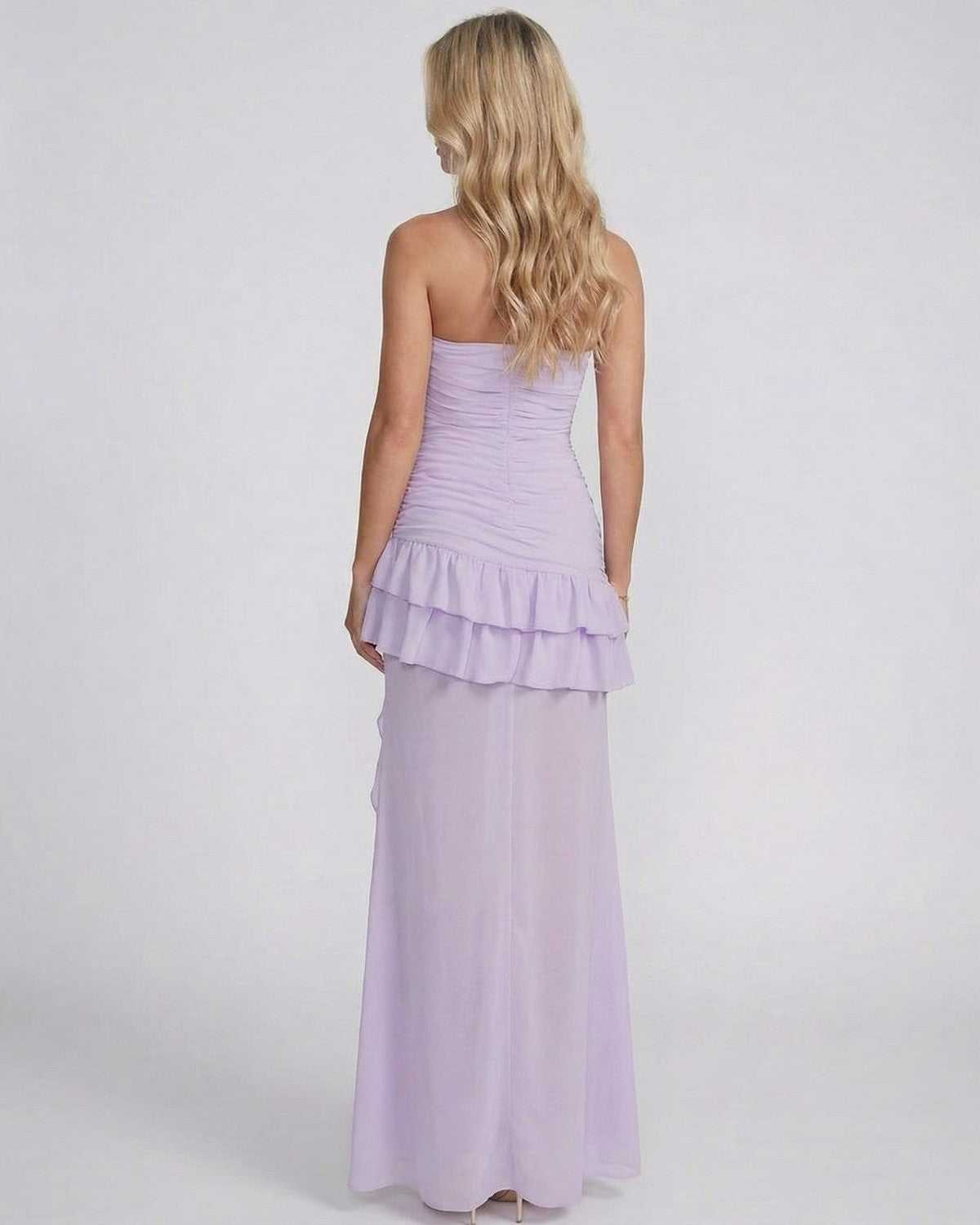 Arla Maxi Dress back view, purple ankle-length with ruffles, cowl neck design, perfect for formal occasions by RAMBLION.