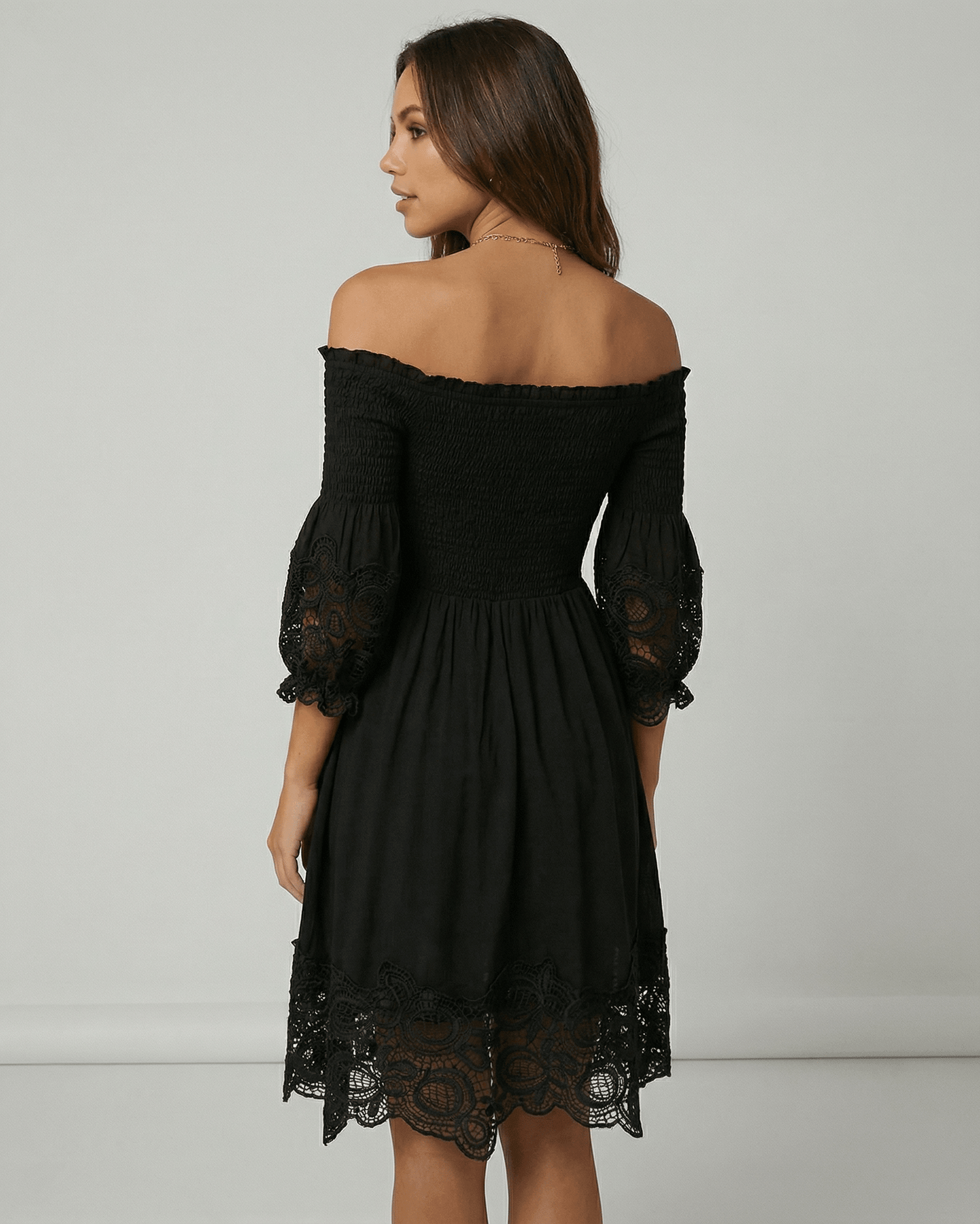 Elegant Arli Midi Dress featuring off-shoulder design and lace detailing, perfect for chic occasions. By RAMBLION.