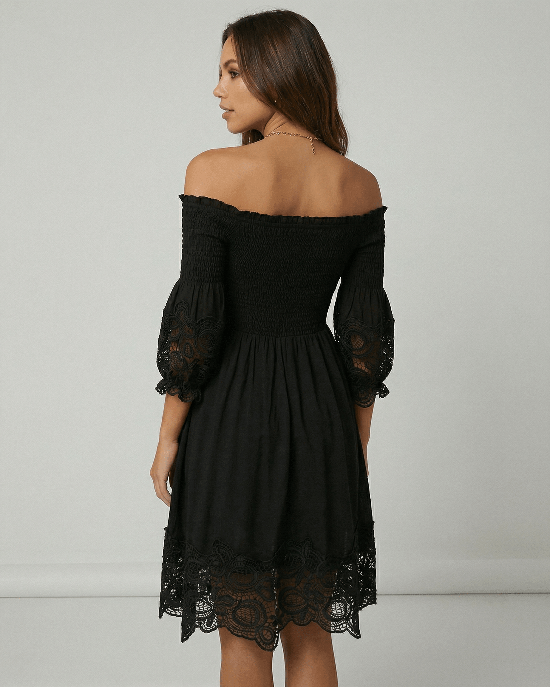 Elegant Arli Midi Dress featuring off-shoulder design and lace detailing, perfect for chic occasions. By RAMBLION.