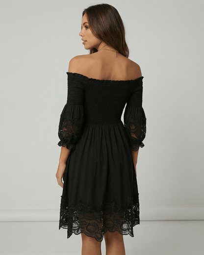 Elegant Arli Midi Dress featuring off-shoulder design and lace detailing, perfect for chic occasions. By RAMBLION.