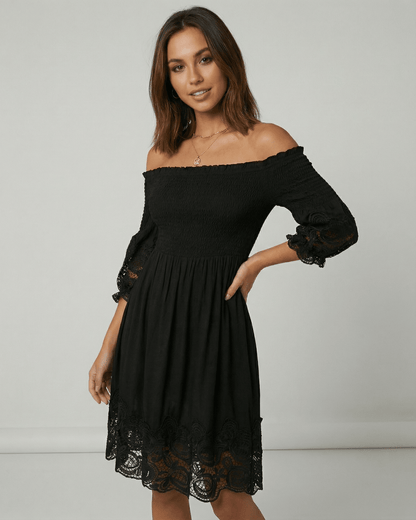 Arli Midi Dress, black off-shoulder, lace details, A-line flow, chic elegance, perfect for modern occasions by RAMBLION.