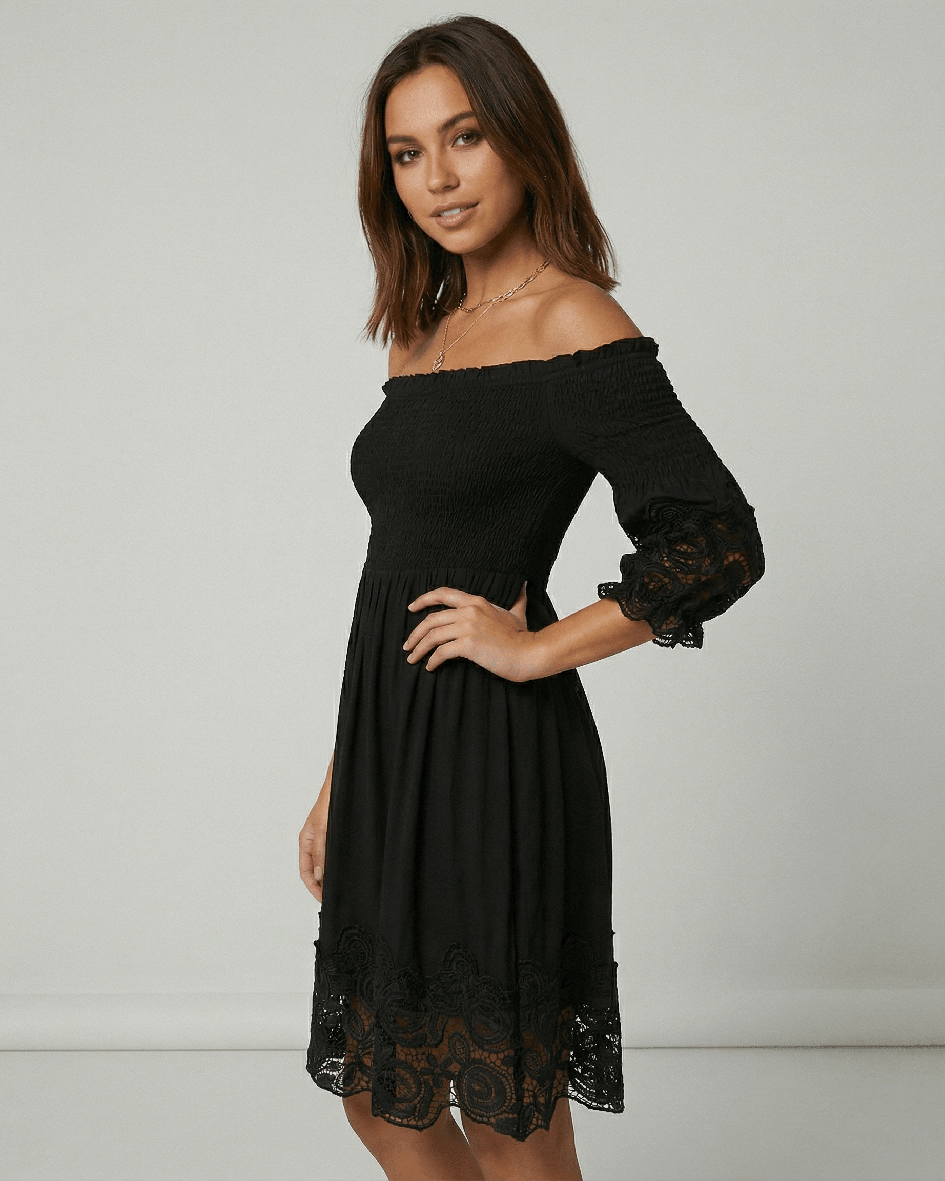 Arli Midi Dress off shoulder with lace, elegant black midi dress perfect for special occasions by RAMBLION.