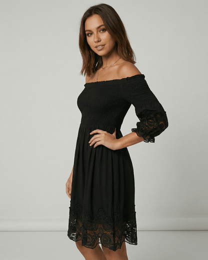 Arli Midi Dress off shoulder with lace, elegant black midi dress perfect for special occasions by RAMBLION.